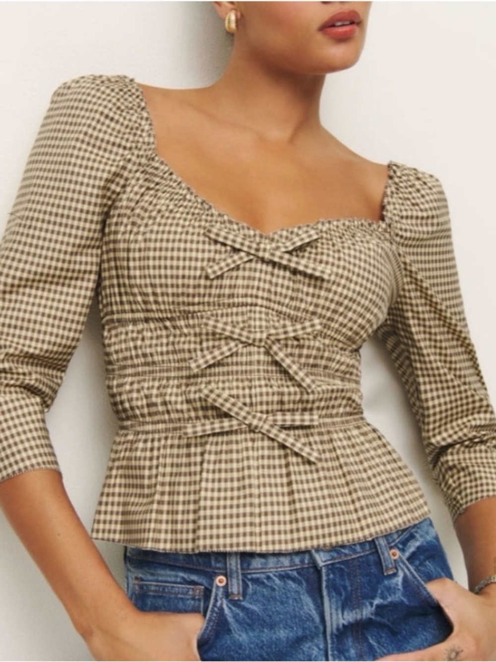 Reformation Lauryn Bow Gingham Smocked Top Brown Tan Organic Cotton Blouse 10